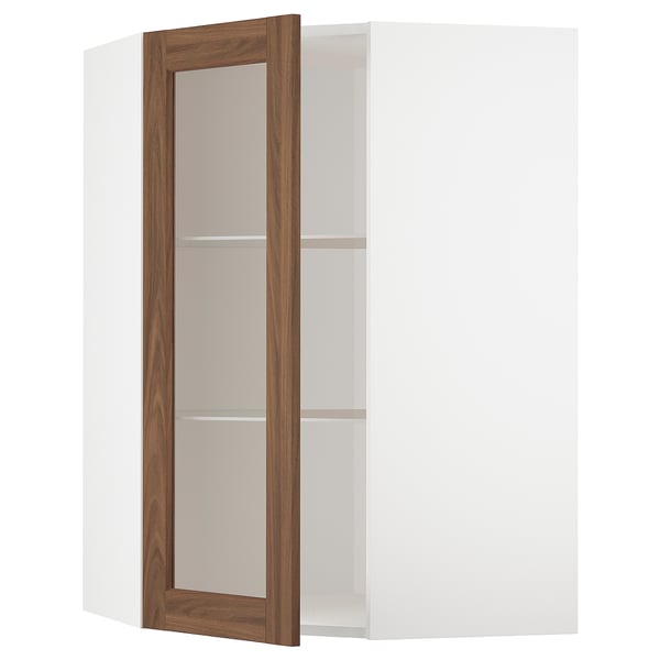 METOD corner kitchen cabinet, white & walnut, adjustable shelf, open door.