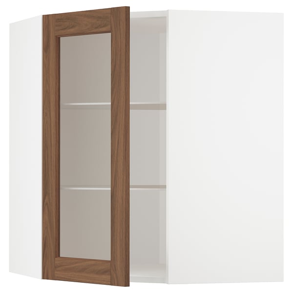 METOD kitchen with walnut foil, glass doors, adjustable shelves, sturdy frame.