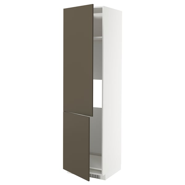 Tall white kitchen cabinet with dark brown doors and adjustable shelves.