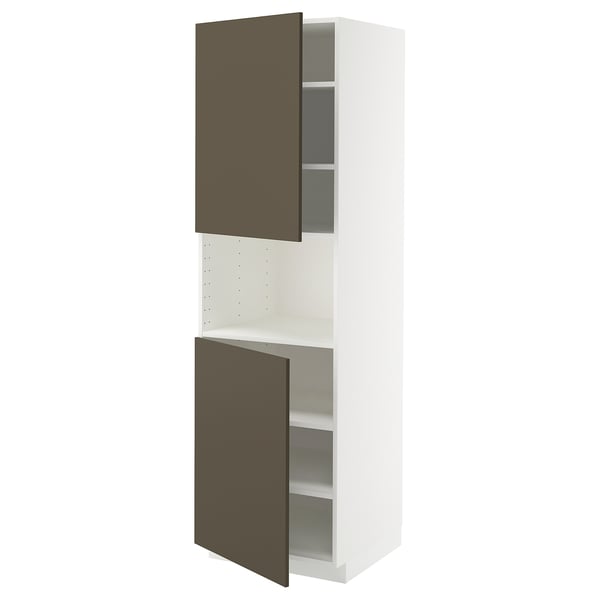 A white METOD kitchen cabinet with dark brown doors open, revealing adjustable shelves inside.