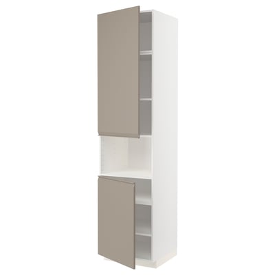 White METOD kitchen cabinet with beigecolored doors and chamfered edges.