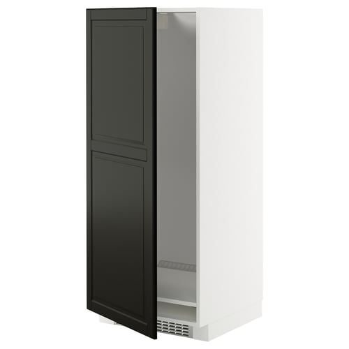 A white METOD kitchen cabinet with a black bodbyn door. Its slim, rectangular with a sleek, modern design. The door has bevelled edges.