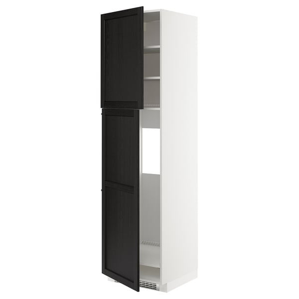An ikea METOD white tall unit with black stained wood doors, featuring a modern design with adjustable shelves.