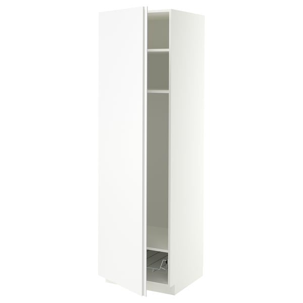 METOD High cabinet w shelves/wire basket, white/VOXTORP matt white vertical handle, 60x60x200 cm