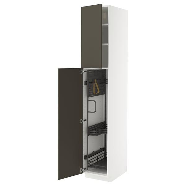 A tall white METOD cabinet with black doors open, revealing inner organisers in a kitchen setup.