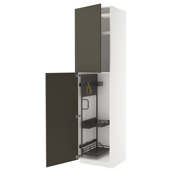 METOD kitchen cabinet with dark brown/beige havstorp fronts, open showing shelves and drawers.