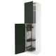 Modern kitchen cabinet set with deep green doors, multiple compartments, white frame, metal accessories.