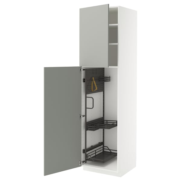 METOD white cabinet with grey door, open showing shelves.