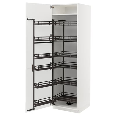 White METOD kitchen cabinet with black pull-out shelves. Modern, sleek design with glossy finish.