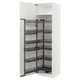 An open METOD kitchen cabinet with white doors and black pull-out shelves.