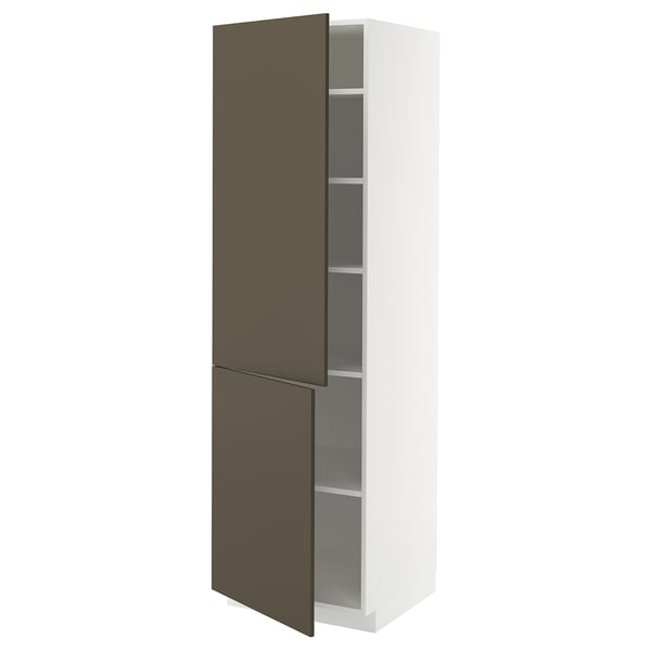 A tall white kitchen cabinet with dark brown doors, featuring adjustable shelves inside.