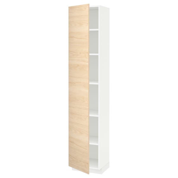 A tall, white cabinet with a light wooden door, featuring shelves inside.