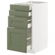Modern kitchen cabinet with 3 green drawers and 1 door, white frame, sleek design.