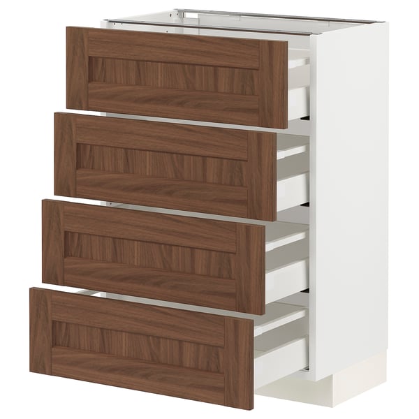 Modern white kitchen cabinet with four wooden drawers.
