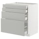 Modern white kitchen cabinet with multiple drawers in light grey. Clean lines and a minimalist design.