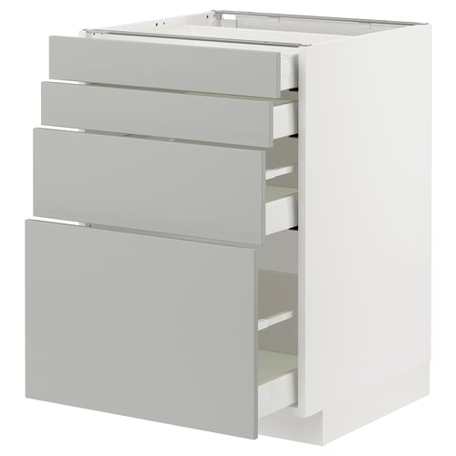 Modern white kitchen cabinet with four light grey drawers, sleek design & stainless steel handles.