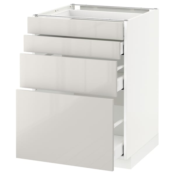 A white, sleek kitchen cabinet unit with three drawers. It has a modern design with a glossy finish, ideal for storage.