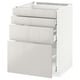 A white, sleek kitchen cabinet unit with three drawers. It has a modern design with a glossy finish, ideal for storage.