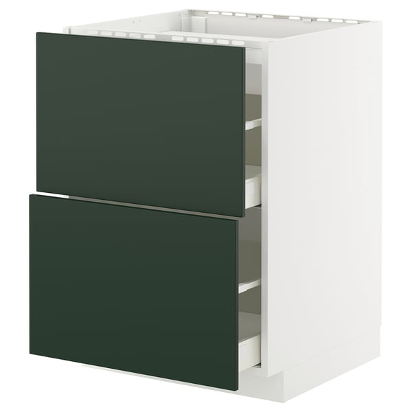 Modern kitchen cabinet with dark green drawers, white frame, two drawers, sleek design.