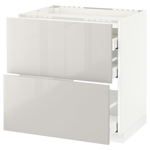 A white ikea METOD kitchen base cabinet with two drawers. It a modern, high-gloss design with smooth-running drawers.
