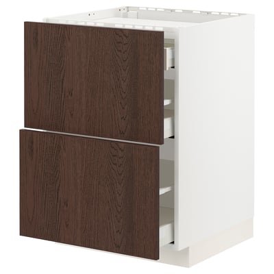 Modern dark brown wooden drawer unit, part of METOD kitchen system, with white frame, three drawers, and sleek design.
