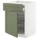 Green and white METOD kitchen cabinet with open drawer and shelves.