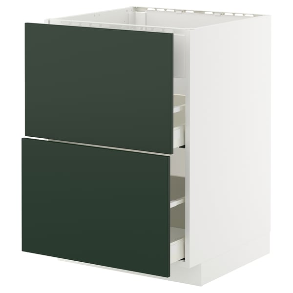 A modern kitchen cabinet named METOD, equipped with two drawers in dark green havstorp fronts. It has a sleek design and sturdy frame.