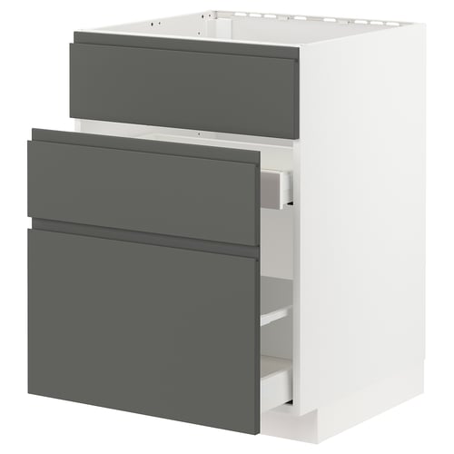 Modern kitchen unit, white with grey drawers, sleek design, integrated handles.