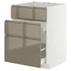 Modern kitchen unit, METOD, with three grey-brown glossy drawers, sleek handles, sturdy white frame, and smooth runners.