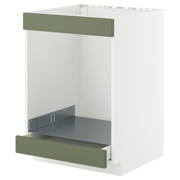METOD kitchen cabinet with gray-green axstad fronts, white frame, two shelves, soft-close drawer, modern design.