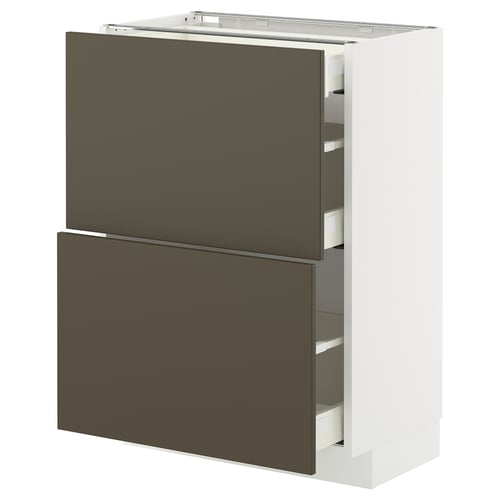 A modern white kitchen cabinet with two dark brown drawers and a shelf.