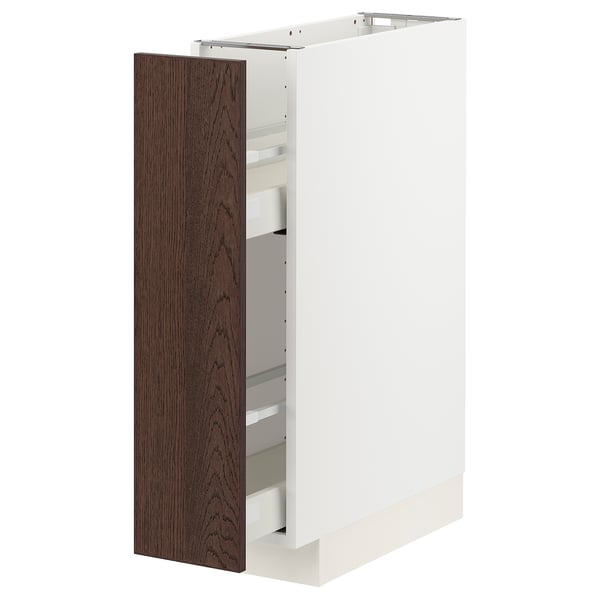 METOD kitchen unit: white, dark brown sinarp wood, rectangular, pull-out drawer, modern design.
