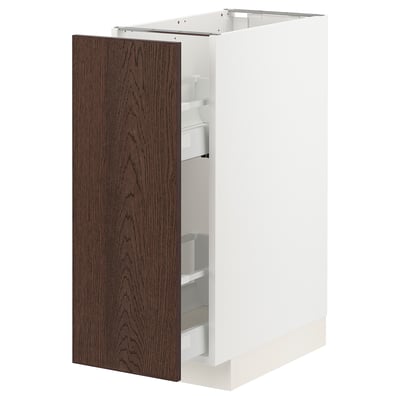 Modern kitchen cabinet, white with dark brown wood door, pull-out drawer.