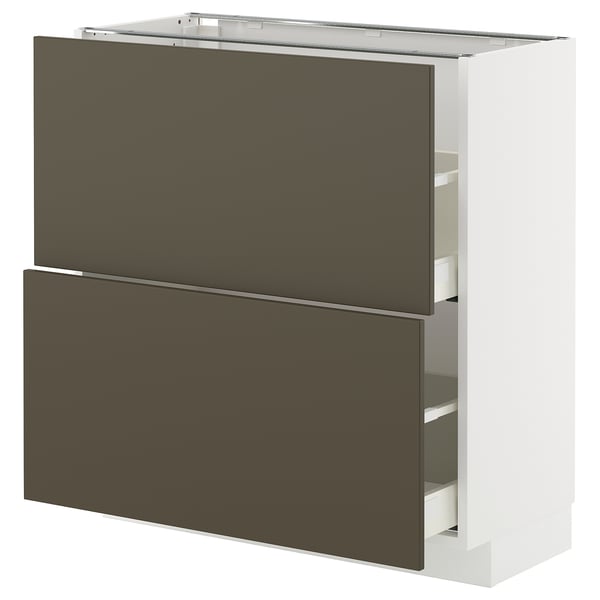 METOD kitchen unit with dark brown havstorp drawers, white body, sleek design.