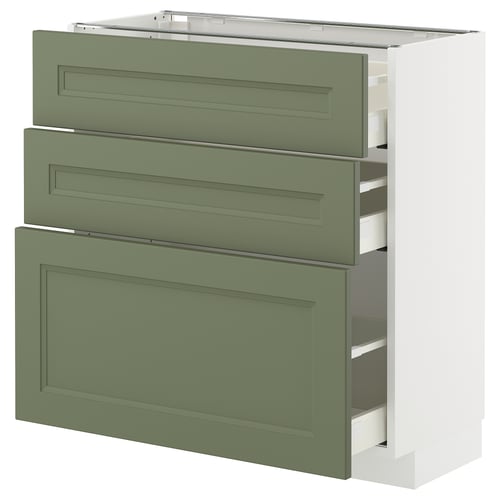 METOD kitchen unit in grey-green with three drawers, modern design.
