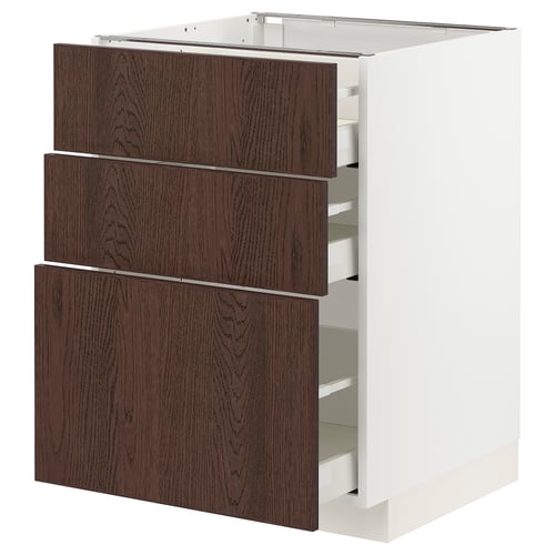White kitchen unit with dark brown wood drawers, three drawer design.