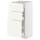 White METOD cabinet with open drawers, modern minimalist design, smooth surfaces, three open drawers.