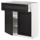 Modern black & white kitchen cabinet with dark stained wooden doors & drawer, adjustable shelves.