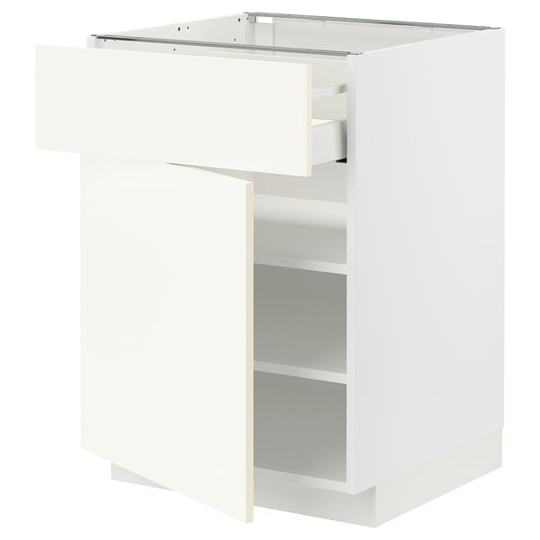 White METOD kitchen cabinet with 1 drawer and 2 shelves, minimalist design.