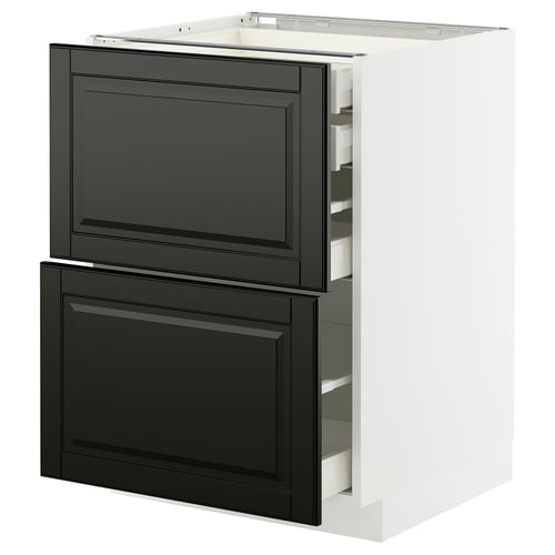 This image an ikea METOD kitchen cabinet with black bodbyn drawer fronts. Its a white and black rectangular cabinet with two full-extension drawers.