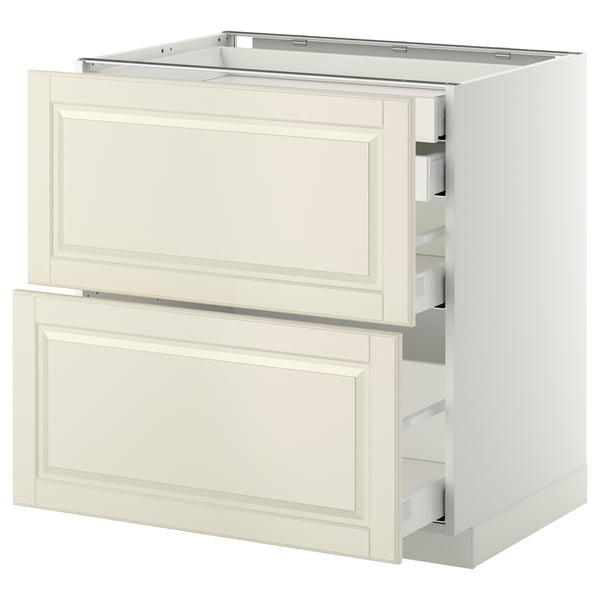 Off-white METOD kitchen cabinet with 2 open drawers, simple bevelled edges, and modern design.
