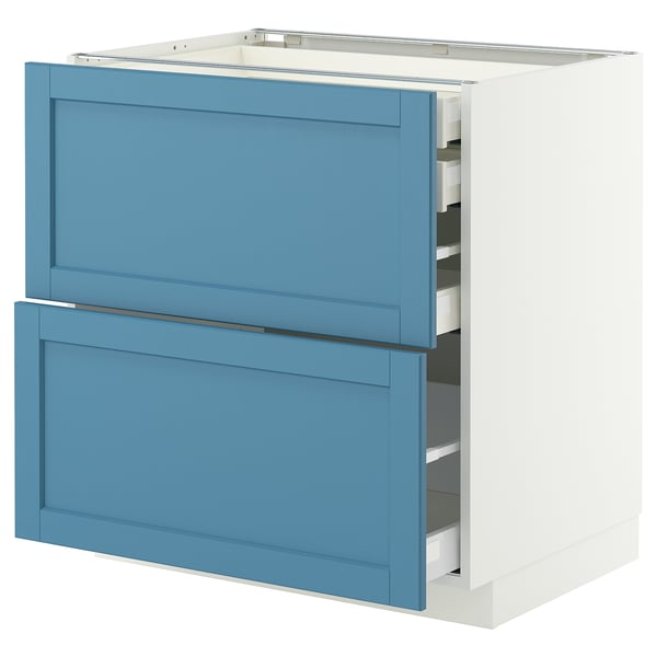 Blue kitchen cabinet with three drawers. White frame, sleek design.