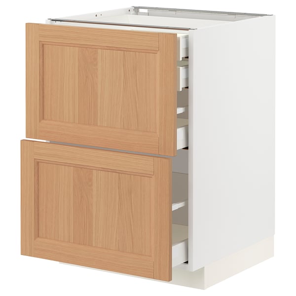 METOD kitchen unit with oak drawers and white base, modern design.