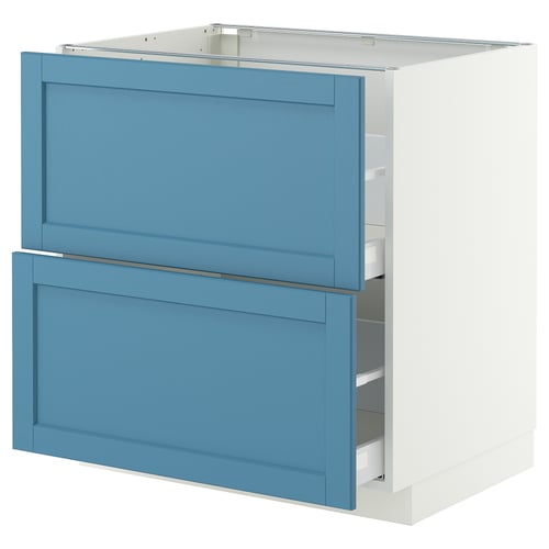 A blue and white METOD kitchen cabinet with two drawers and a large cupboard. It a sturdy, rectangular design with a 25-year guarantee.
