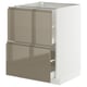 An ikea METOD kitchen unit with sleek, high-gloss dark grey-brown drawers and a white base, showcasing modern and elegant design.