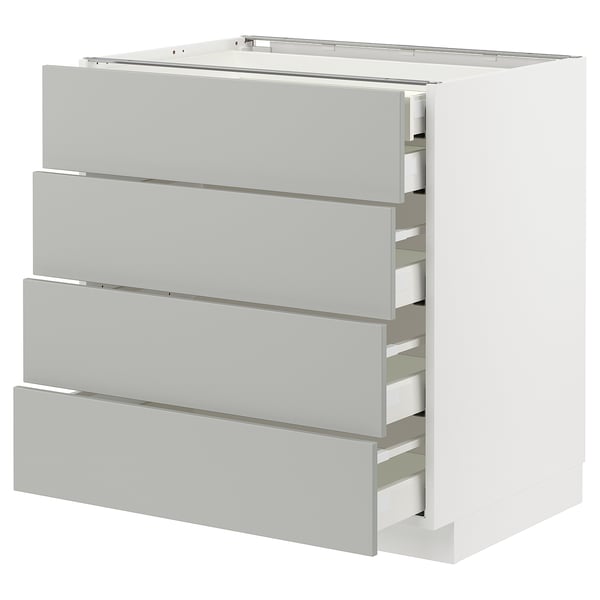 Modern light grey kitchen cabinet with four drawers, sleek design.