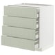 Depicts a METOD kitchen cabinet with four green stensund drawers. The cabinet is rectangular with a smooth finish and pull-out drawers for storage.
