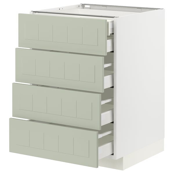 Modern kitchen cabinet with four green drawers, slim design, durable materials.