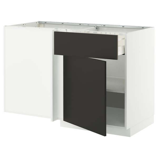 Modern kitchen unit: METOD in white with black nickebo doors, sleek design, open shelf.