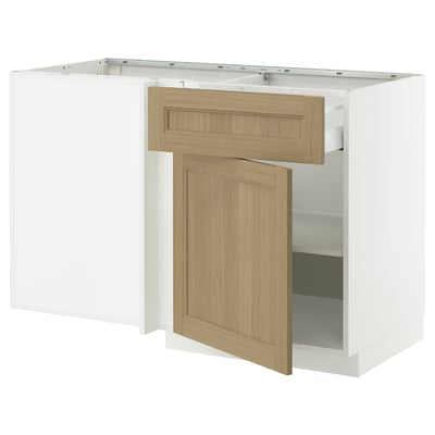 Modern white METOD kitchen unit with oak drawers and cabinets, sleek design.